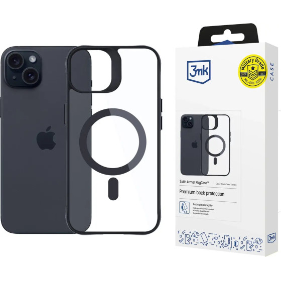 3mk Protection 3mk Satin Armor MagCase with MagSafe for iPhone 15 - Clear with Black Frame - (156079-0)
