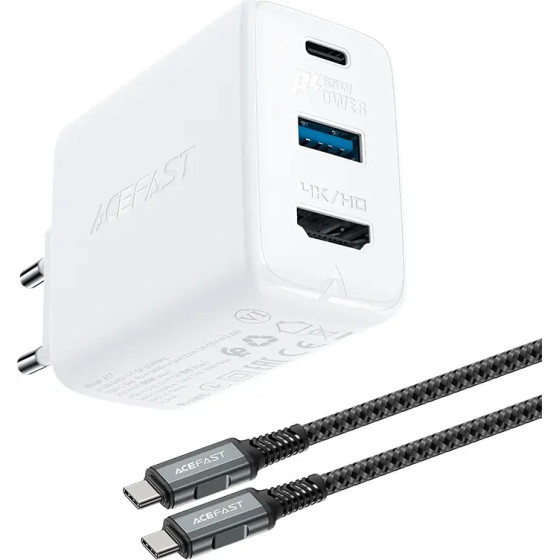 Acefast 2in1 charger GaN 65W USB Type C / USB, adapter adapter HDMI 4K @ 60Hz (set with cable) white - (A17 white)