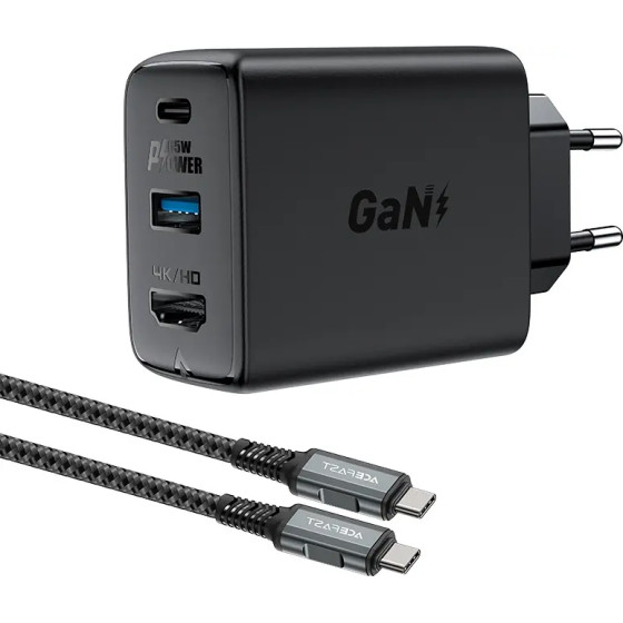 Acefast 2in1 charger GaN 65W USB Type C / USB, adapter HDMI adapter 4K 60Hz (set with cable) black - (A17 black)