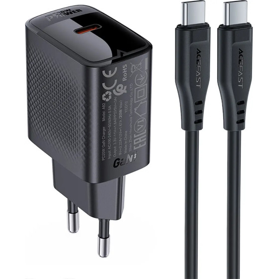 Acefast A82 Network Charger GaN USB-C PD 20W - Black + USB-C / USB-C Cable - (A82_SET)