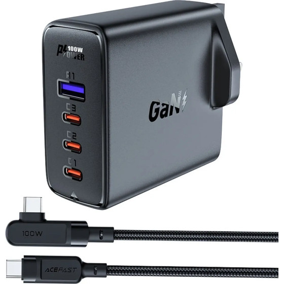 Acefast Fast charger GaN UK 100W Power Delivery 3x USB C 1x USB - black - (A40)