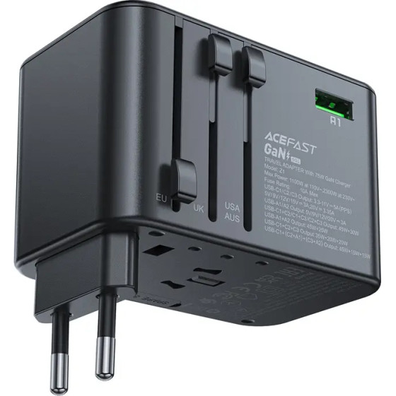 Acefast GaN 75W PD travel charger adapter 3x USB-C 2x USB-A - black - (Z1)