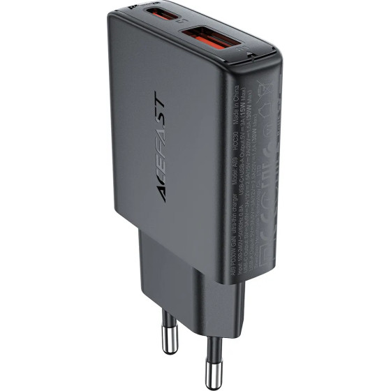 Acefast PD 30W GaN USB-A USB-C ultra slim wall charger - black - (A69)