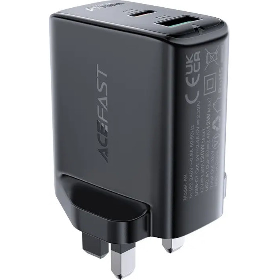 Acefast wall charger (UK plug) USB Type C / USB 32W, PPS, PD, QC 3.0, AFC, FCP black - (A8 black)