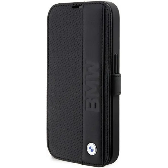 BMW Case BMBKP14L22RDPK iPhone 14 Pro 6.1'' black/black bookcase Leather Textured&Stripe - (BMW000549-0)
