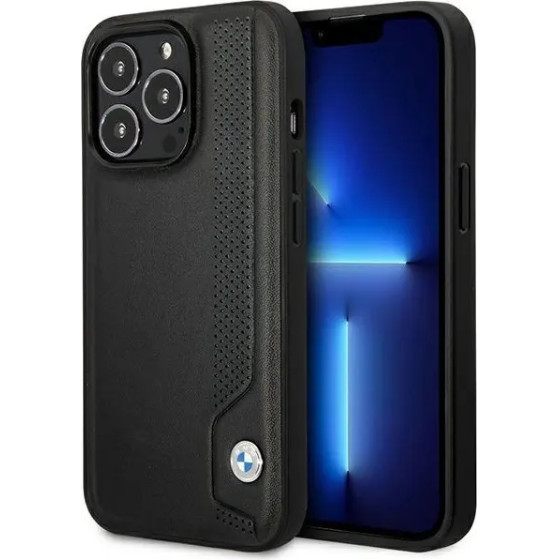 BMW Case BMHCP14L22RBDK iPhone 14 Pro 6.1 black/black hardcase Leather Blue Dots - (BMW000541-0)