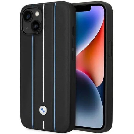BMW Case BMHCP14S22RVSK iPhone 14 6.1'' black/black hardcase Leather Stamp Blue Lines - (BMW000649-0)