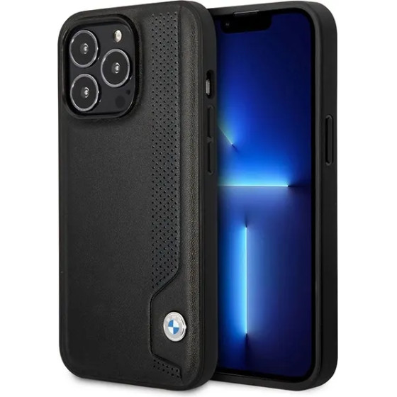 BMW Case BMHCP14X22RBDK iPhone 14 Pro Max 6.7 black/black hardcase Leather Blue Dots - (BMW000542-0)