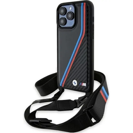 BMW M Edition Carbon Tricolor Lines & Strap case for iPhone 15 Pro - black - (BMW000795-0)