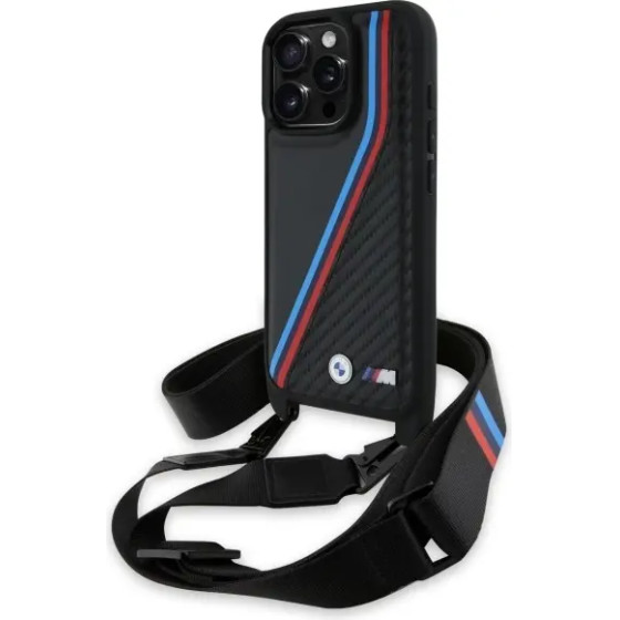 BMW M Edition Carbon Tricolor Lines & Strap Case for iPhone 16 Pro - Black - (BMW000944-0)