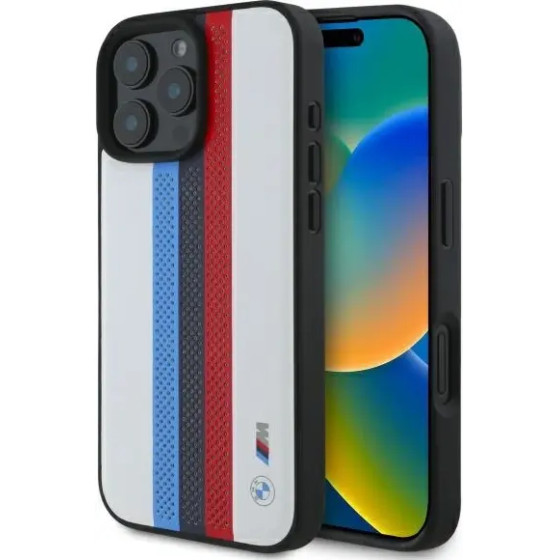 BMW M Performance Tricolor Printed Stripes MagSafeMagSafe iPhone 16 Pro Max Case - White - (BMW000934-0)