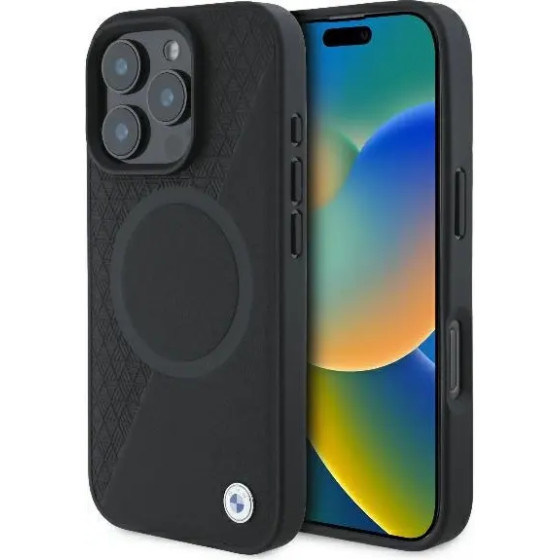 BMW Signature Leather Half Textured & Circle MagSafe case for iPhone 16 Pro - black - (BMW000846-0)