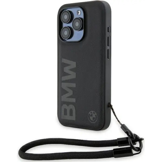 BMW Signature Leather Wordmark Cord case for iPhone 15 Pro - black - (BMW000780-0)