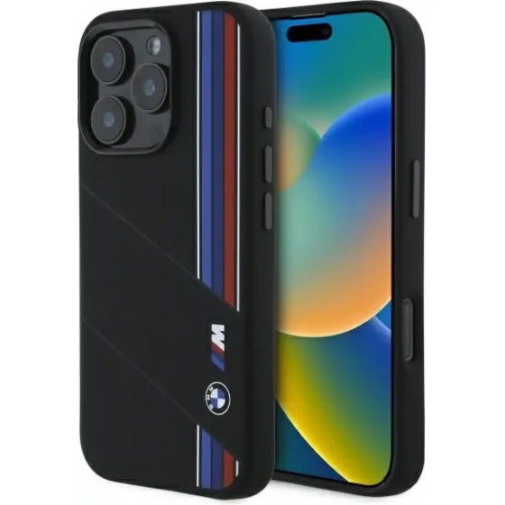 BMW Silicone Cut Tricolor Lines MagSafe Case for iPhone 16 Pro Max - Black - (BMW000964-0)