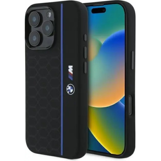 BMW Silicone Hexagon Blue Line MagSafe iPhone 16 Pro Case - Black - (BMW000947-0)
