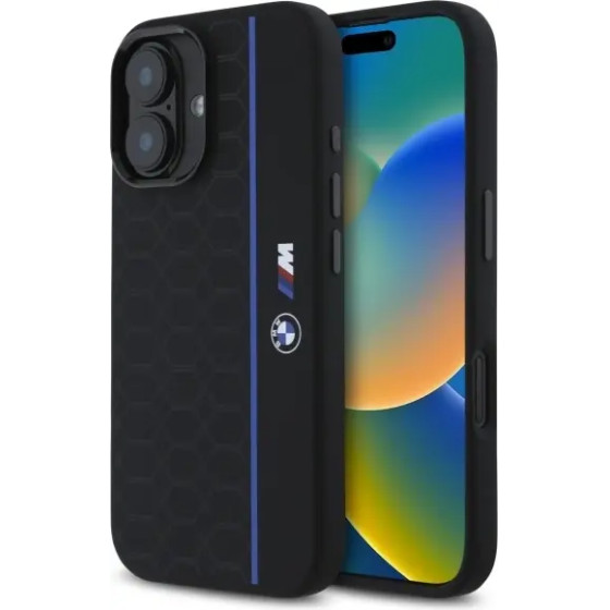 BMW Silicone Hexagon Blue Line MagSafe iPhone 16 Case - Black - (BMW000946-0)