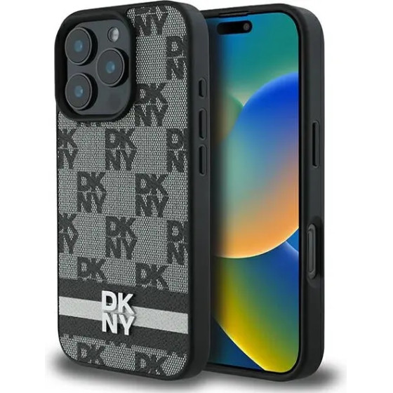 DKNY Checkered Pattern & Printed Stripes case for iPhone 16 Pro - black - (DK000254-0)