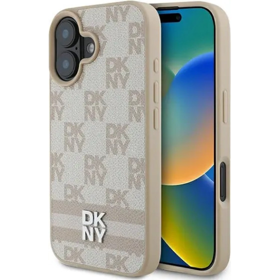 DKNY Checkered Pattern & Printed Stripes iPhone 16 Case - Pink - (DK000256-0)