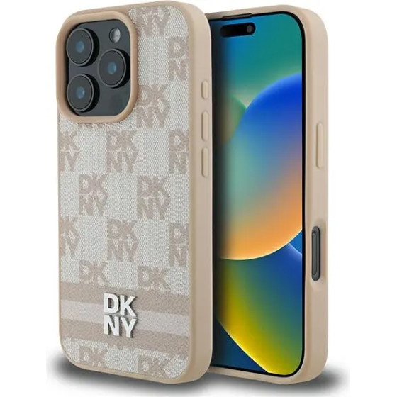 DKNY Checkered Pattern & Printed Stripes iPhone 16 Pro Case - Pink - (DK000257-0)