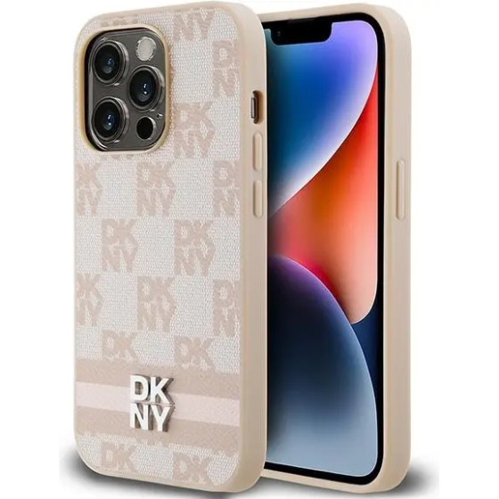 DKNY Leather Checkered Mono Pattern & Printed Stripes case for iPhone 14 Pro - pink - (DK000118-0)