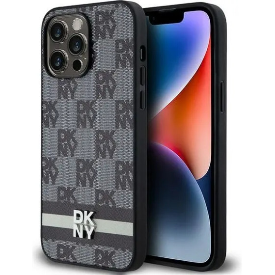 DKNY Leather Checkered Mono Pattern & Printed Stripes Case for iPhone 14 Pro Max - Black - (DK000112-0)