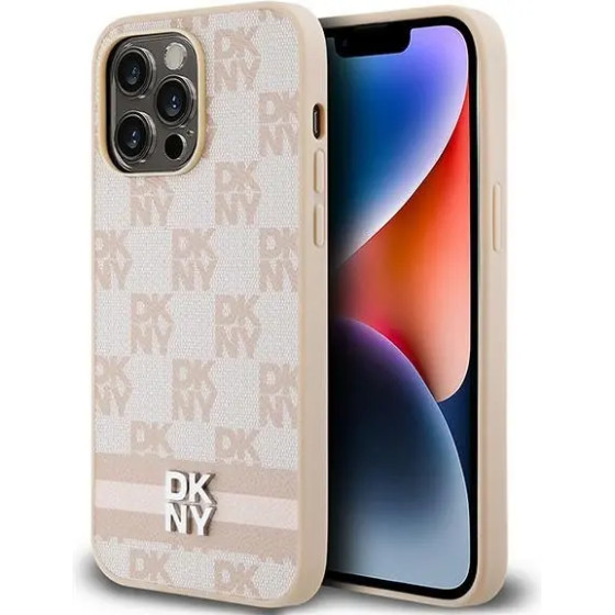 DKNY Leather Checkered Mono Pattern & Printed Stripes case for iPhone 14 Pro Max - pink - (DK000119-0)