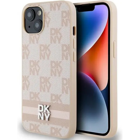 DKNY Leather Checkered Mono Pattern & Printed Stripes Case for iPhone 15 Plus / 14 Plus - Pink - (DK000121-0)