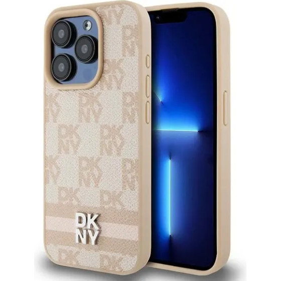 DKNY Leather Checkered Mono Pattern & Printed Stripes case for iPhone 15 Pro Max - pink - (DK000123-0)