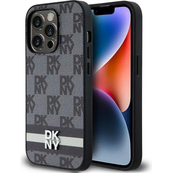 DKNY Leather Checkered Mono Pattern & Printed Stripes iPhone 14 Pro Case - Black - (DK000111-0)
