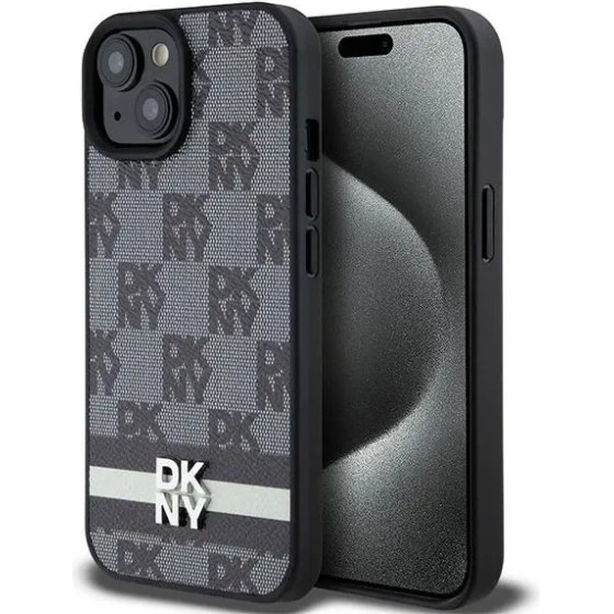 DKNY Leather Checkered Mono Pattern & Printed Stripes Case for iPhone 15/14/13 - Black - (DK000113-0)