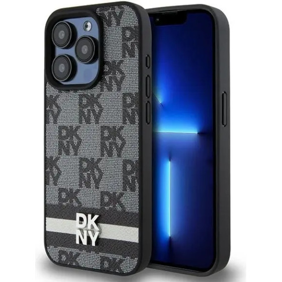 DKNY Leather Checkered Mono Pattern & Printed Stripes iPhone 15 Pro Case - Black - (DK000115-0)