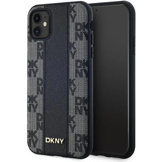 DKNY Leather Checkered Mono Pattern MagSafe Case for iPhone 11 / Xr - Black - (DK000200-0)