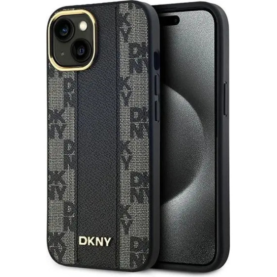 DKNY Leather Checkered Mono Pattern MagSafe Case for iPhone 14/15/13 - Black - (DK000206-0)