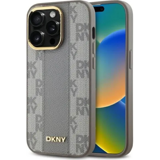 DKNY Leather Checkered Mono Pattern MagSafe iPhone 14 Pro Case - Beige - (DK000215-0)