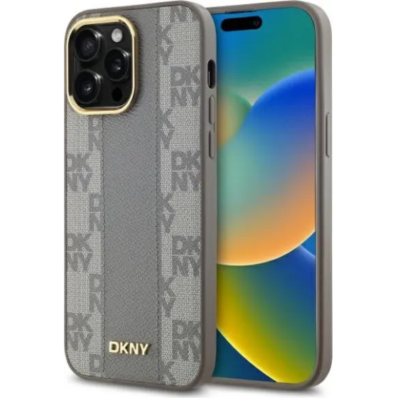 DKNY Leather Checkered Mono Pattern MagSafe iPhone 14 Pro Max Case - Beige - (DK000216-0)