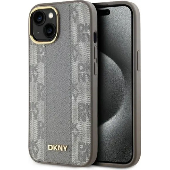 DKNY Leather Checkered Mono Pattern MagSafe iPhone 15 Plus Case - Beige - (DK000218-0)