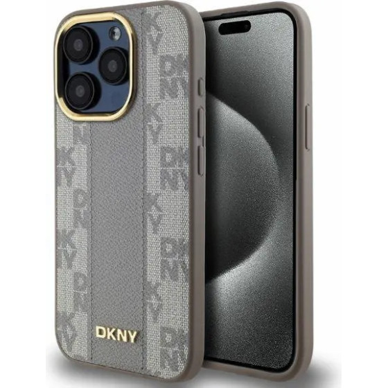DKNY Leather Checkered Mono Pattern MagSafe iPhone 15 Pro Max Case - Beige - (DK000213-0)