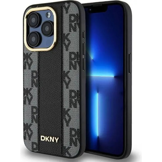 DKNY Leather Checkered Mono Pattern MagSafe iPhone 15 Pro Max Case - Black - (DK000212-0)