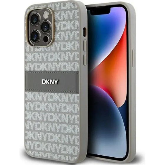 DKNY Leather Mono Stripe & Metal Logo case for iPhone 14 Pro Max - beige - (DK000061-0)
