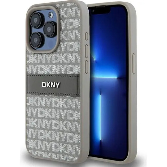 DKNY Leather Mono Stripe & Metal Logo case for iPhone 15 Pro - beige - (DK000064-0)