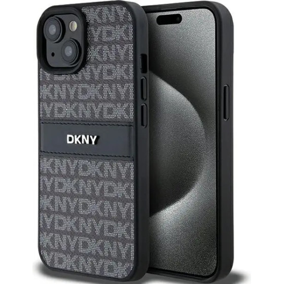 DKNY Leather Mono Stripe & Metal Logo Case for iPhone 15 Plus / 14 Plus - Black - (DK000055-0)