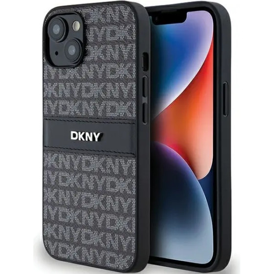 DKNY Leather Mono Stripe & Metal Logo Case for iPhone 15/14/13 - Black - (DK000051-0)