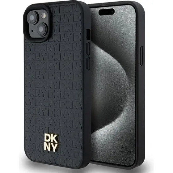 DKNY Leather Monogram Pattern Metal Logo MagSafe Case for iPhone 15 Plus / 14 Plus - Black - (DK000086-0)