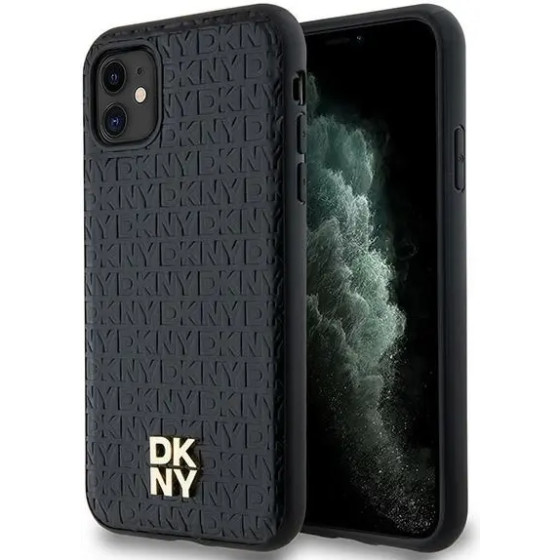 DKNY Leather Monogram Pattern Metal Logo MagSafe Case for iPhone 11 / Xr - Black - (DK000076-0)
