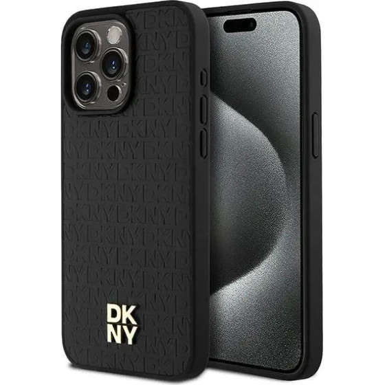 DKNY Leather Monogram Pattern Metal Logo MagSafe Case for iPhone 15 Pro Max - Black - (DK000088-0)