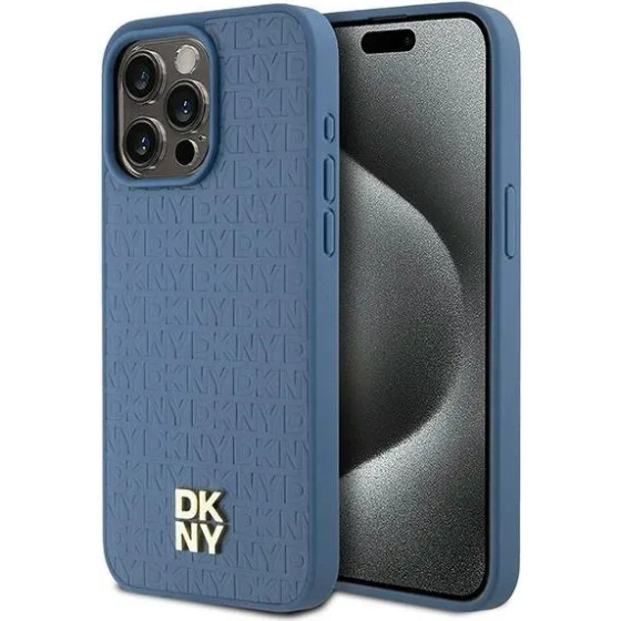 DKNY Leather Monogram Pattern Metal Logo MagSafe Case for iPhone 15 Pro Max - Blue - (DK000090-0)