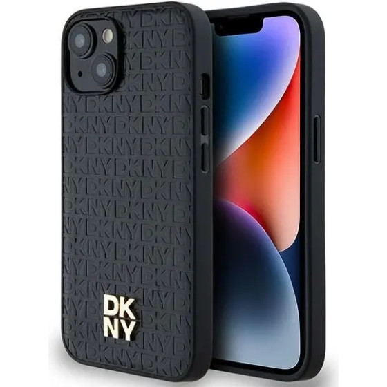 DKNY Leather Monogram Pattern Metal Logo MagSafe Case for iPhone 15/14/13 - Black - (DK000082-0)