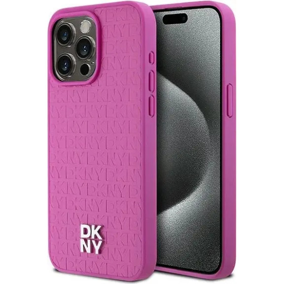 DKNY Leather Monogram Pattern Metal Logo MagSafe Case for iPhone 15 Pro Max - Pink - (DK000100-0)