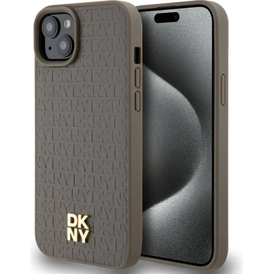 DKNY Leather Pattern Metal Logo MagSafe Case for iPhone 15 Plus / 14 Plus - Brown - (DK000095-0)