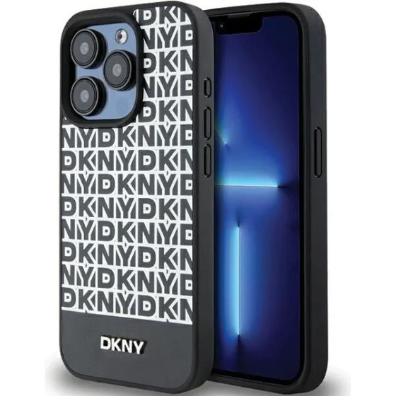 DKNY Leather Printed Pattern Metal Logo MagSafe Case for iPhone 15 Pro Max - Black - (DK000106-0)